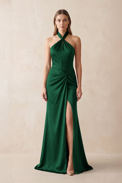 Halter Ruched Sheath Satin Bridesmaid Dress in Green - KissProm Bridesmaid Dresses