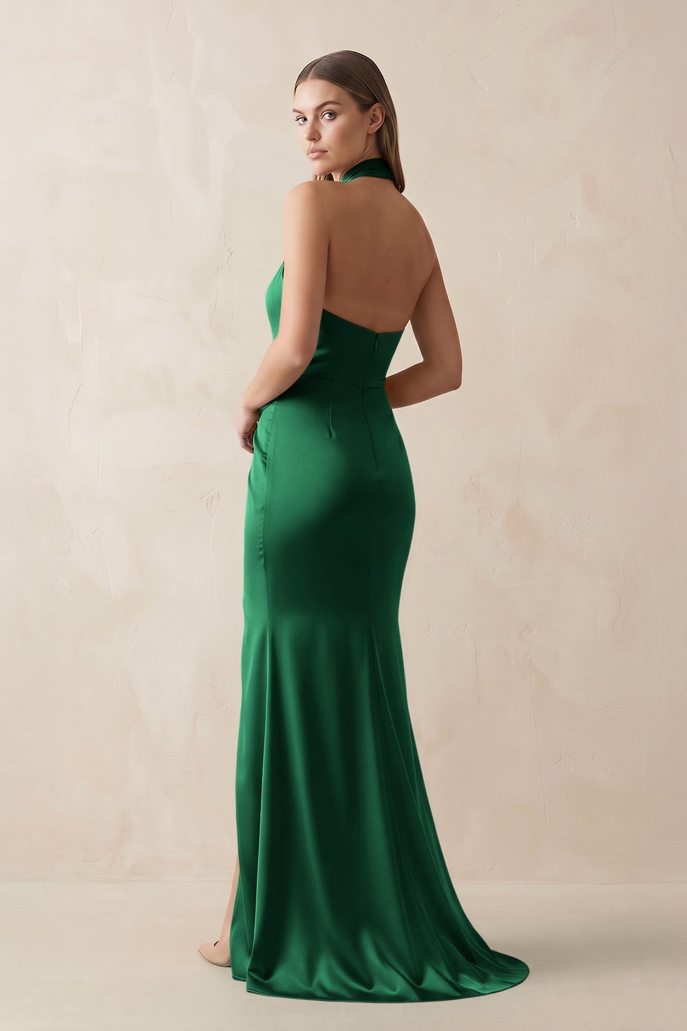 Halter Ruched Sheath Satin Bridesmaid Dress in Green - KissProm Bridesmaid Dresses