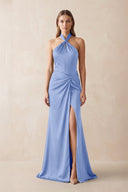 Halter Ruched Sheath Satin Bridesmaid Dress in Ice - KissProm Bridesmaid Dresses