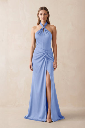 Halter Ruched Sheath Satin Bridesmaid Dress in Ice - KissProm Bridesmaid Dresses