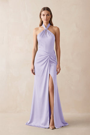 Halter Ruched Sheath Satin Bridesmaid Dress in Lavender - KissProm Bridesmaid Dresses