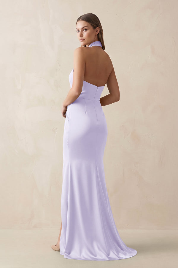 Halter Ruched Sheath Satin Bridesmaid Dress in Lavender - KissProm Bridesmaid Dresses