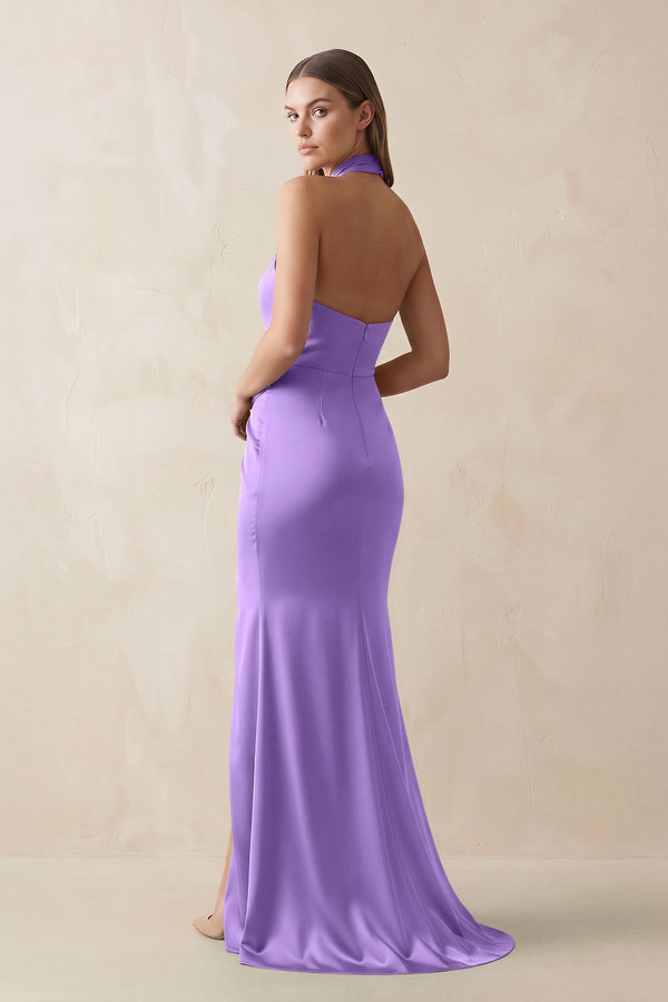Halter Ruched Sheath Satin Bridesmaid Dress in Lilac - KissProm Bridesmaid Dresses