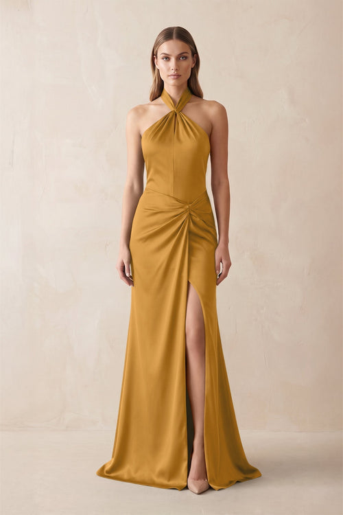 Halter Ruched Sheath Satin Bridesmaid Dress in Marigold - KissProm Bridesmaid Dresses