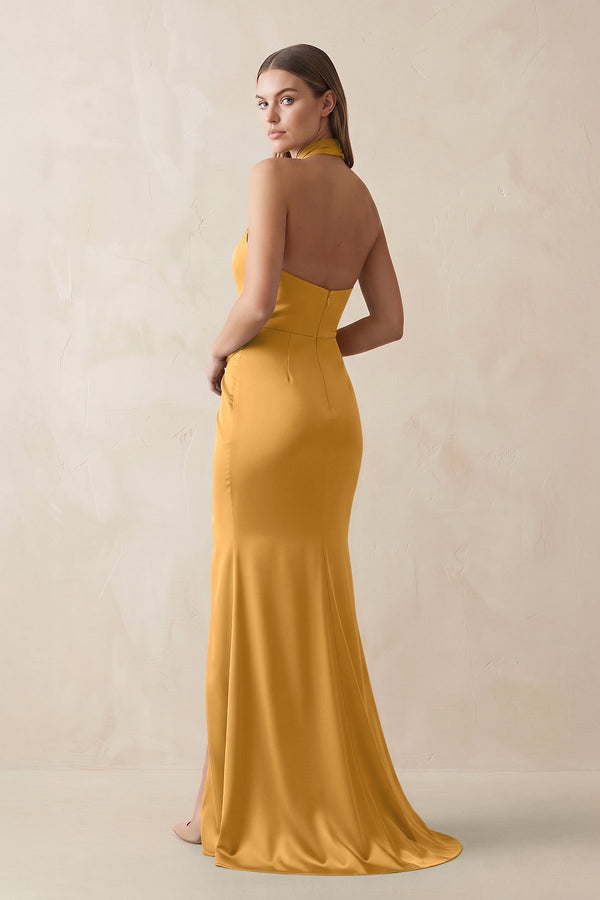 Halter Ruched Sheath Satin Bridesmaid Dress in Marigold - KissProm Bridesmaid Dresses