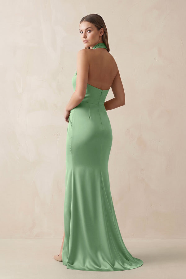 Halter Ruched Sheath Satin Bridesmaid Dress in Matcha - KissProm Bridesmaid Dresses