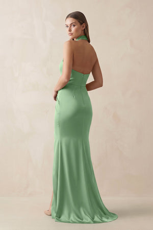 Halter Ruched Sheath Satin Bridesmaid Dress in Matcha - KissProm Bridesmaid Dresses