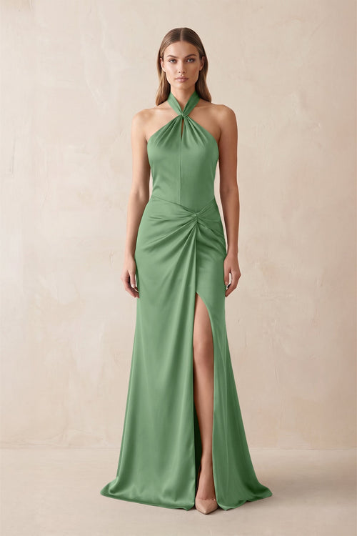 Halter Ruched Sheath Satin Bridesmaid Dress in Matcha - KissProm Bridesmaid Dresses