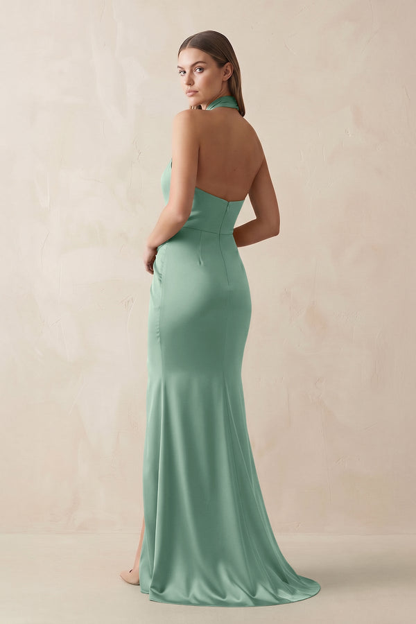 Halter Ruched Sheath Satin Bridesmaid Dress in Mint Green - KissProm Bridesmaid Dresses