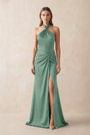 Halter Ruched Sheath Satin Bridesmaid Dress in Mint Green - KissProm Bridesmaid Dresses