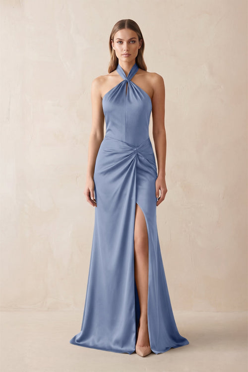 Halter Ruched Sheath Satin Bridesmaid Dress in Mist - KissProm Bridesmaid Dresses