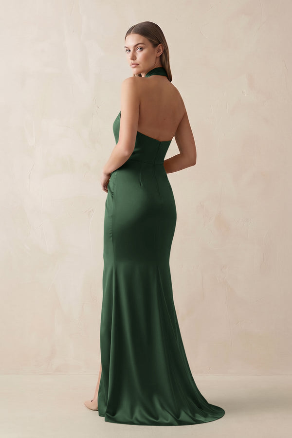 Halter Ruched Sheath Satin Bridesmaid Dress in Moss - KissProm Bridesmaid Dresses