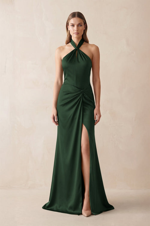 Halter Ruched Sheath Satin Bridesmaid Dress in Moss - KissProm Bridesmaid Dresses
