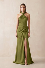 Halter Ruched Sheath Satin Bridesmaid Dress in Moss Green - KissProm Bridesmaid Dresses