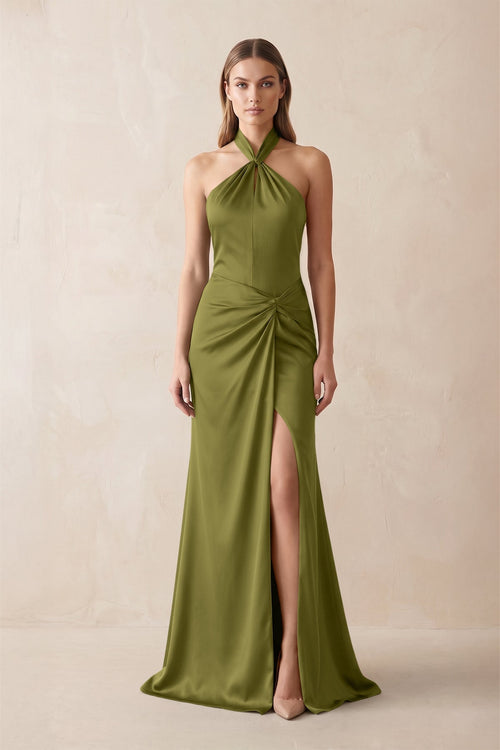 Halter Ruched Sheath Satin Bridesmaid Dress in Moss Green - KissProm Bridesmaid Dresses