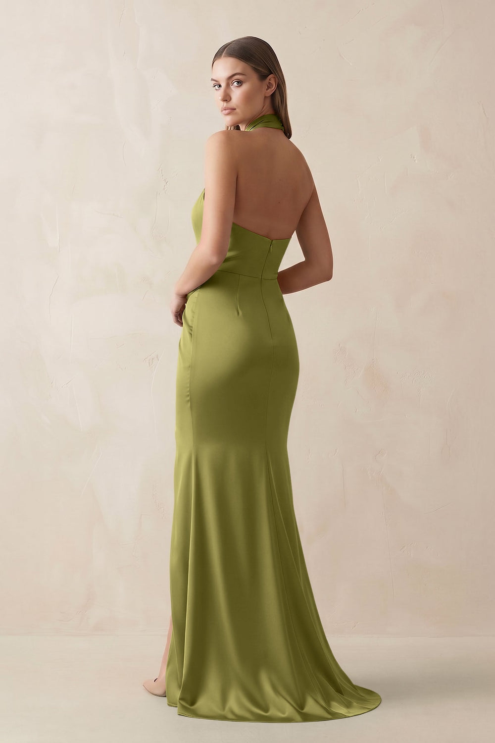 Halter Ruched Sheath Satin Bridesmaid Dress in Moss Green - KissProm Bridesmaid Dresses