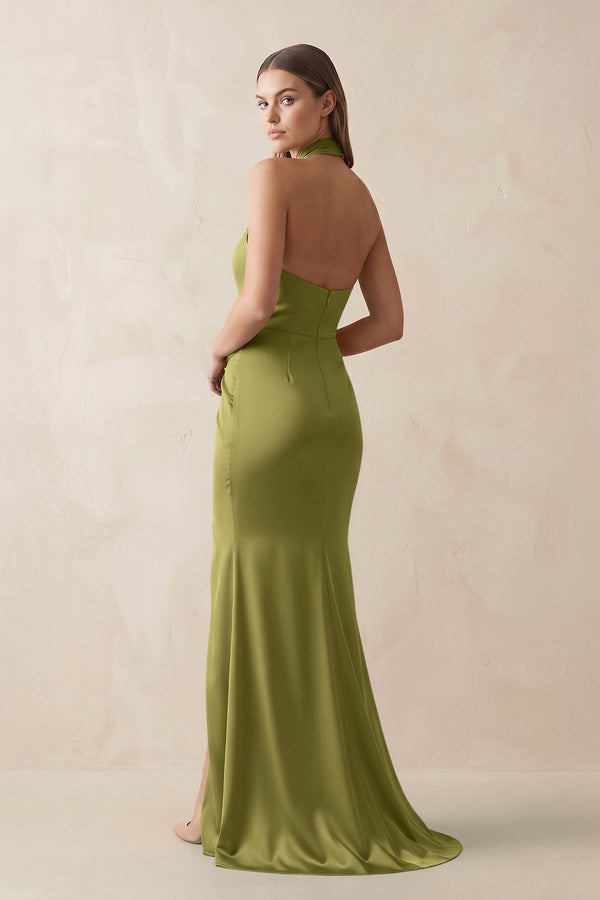 Halter Ruched Sheath Satin Bridesmaid Dress in Moss Green - KissProm Bridesmaid Dresses