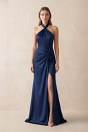 Halter Ruched Sheath Satin Bridesmaid Dress in Navy - KissProm Bridesmaid Dresses