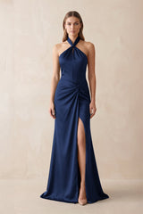 Halter Ruched Sheath Satin Bridesmaid Dress in Navy - KissProm Bridesmaid Dresses