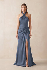 Halter Ruched Sheath Satin Bridesmaid Dress in Neptune - KissProm Bridesmaid Dresses