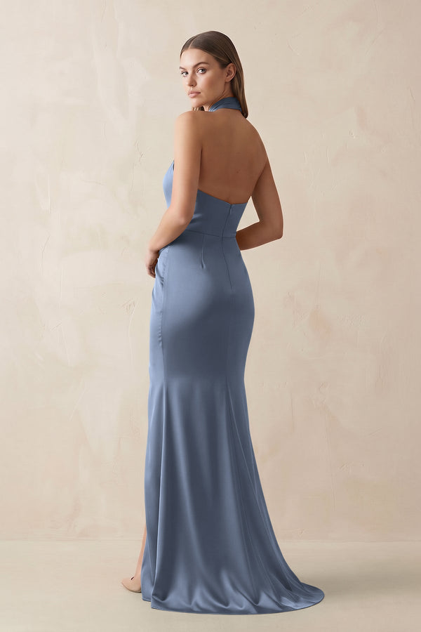 Halter Ruched Sheath Satin Bridesmaid Dress in Neptune - KissProm Bridesmaid Dresses