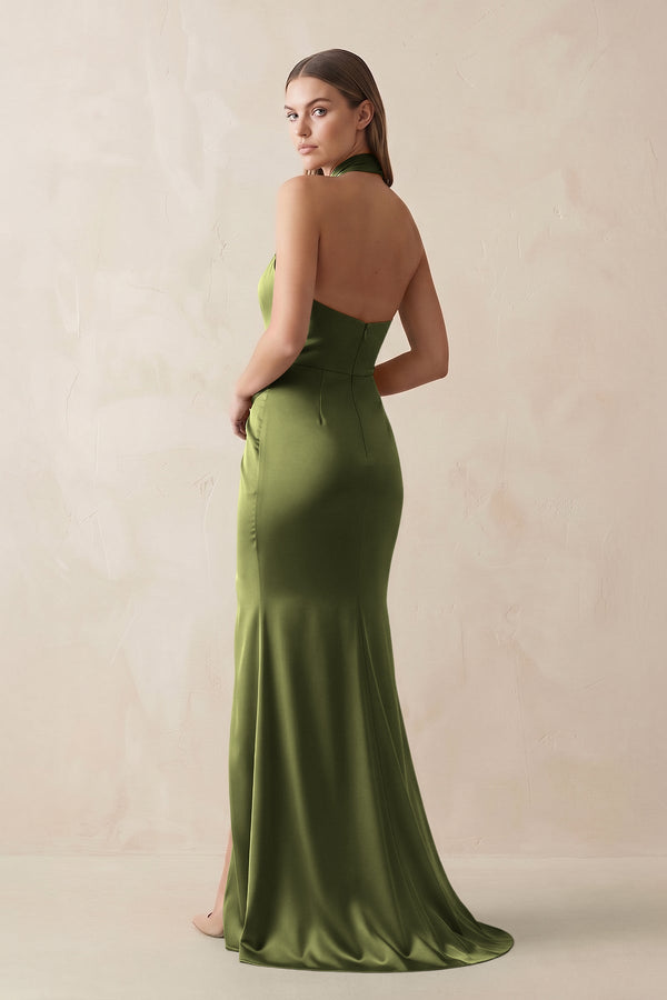 Halter Ruched Sheath Satin Bridesmaid Dress in Olive - KissProm Bridesmaid Dresses