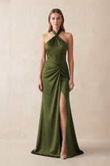 Halter Ruched Sheath Satin Bridesmaid Dress in Olive - KissProm Bridesmaid Dresses