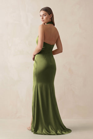 Halter Ruched Sheath Satin Bridesmaid Dress in Olive - KissProm Bridesmaid Dresses