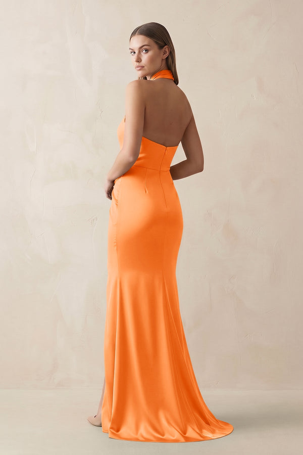 Halter Ruched Sheath Satin Bridesmaid Dress in Orange - KissProm Bridesmaid Dresses