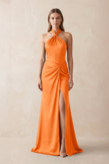 Halter Ruched Sheath Satin Bridesmaid Dress in Orange - KissProm Bridesmaid Dresses