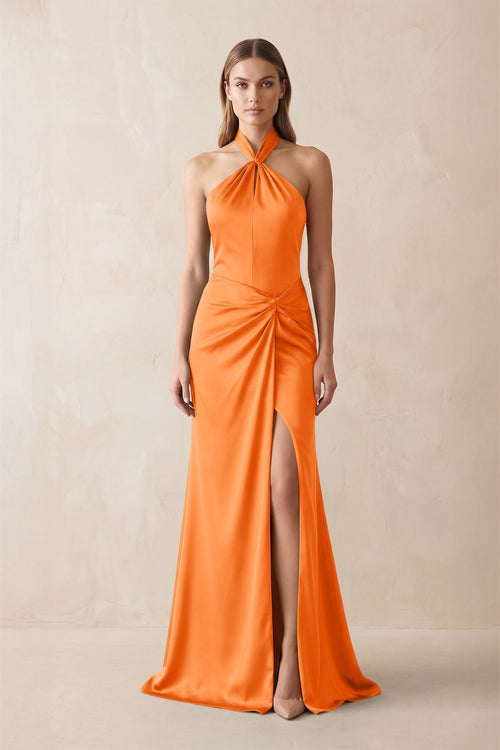 Halter Ruched Sheath Satin Bridesmaid Dress in Orange - KissProm Bridesmaid Dresses