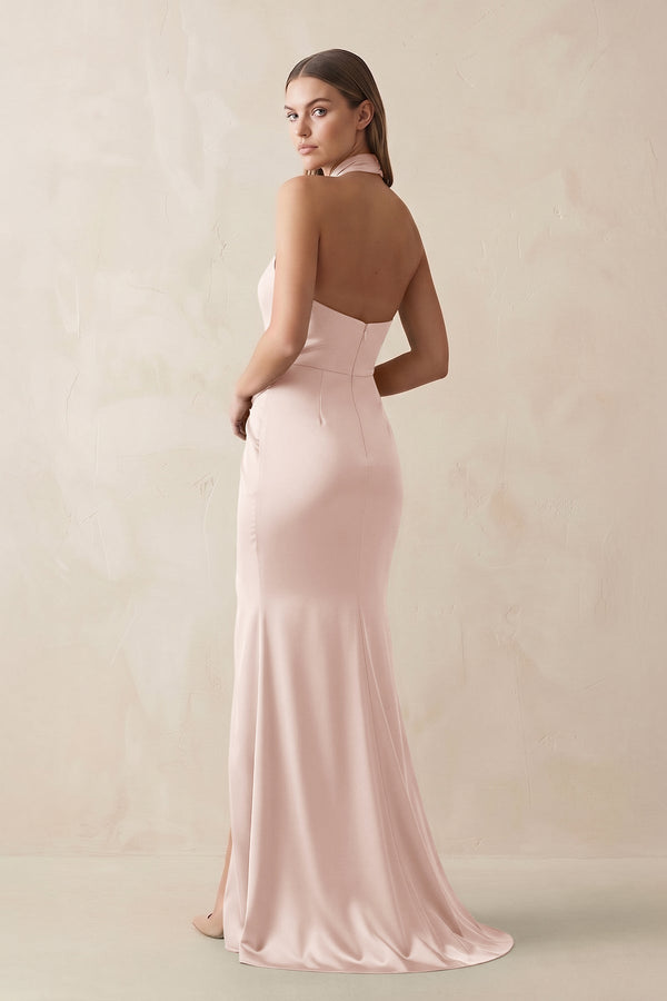 Halter Ruched Sheath Satin Bridesmaid Dress in Pale Blush - KissProm Bridesmaid Dresses