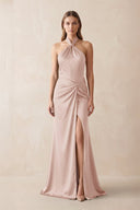 Halter Ruched Sheath Satin Bridesmaid Dress in Pale Blush - KissProm Bridesmaid Dresses