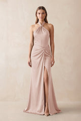 Halter Ruched Sheath Satin Bridesmaid Dress in Pale Blush - KissProm Bridesmaid Dresses