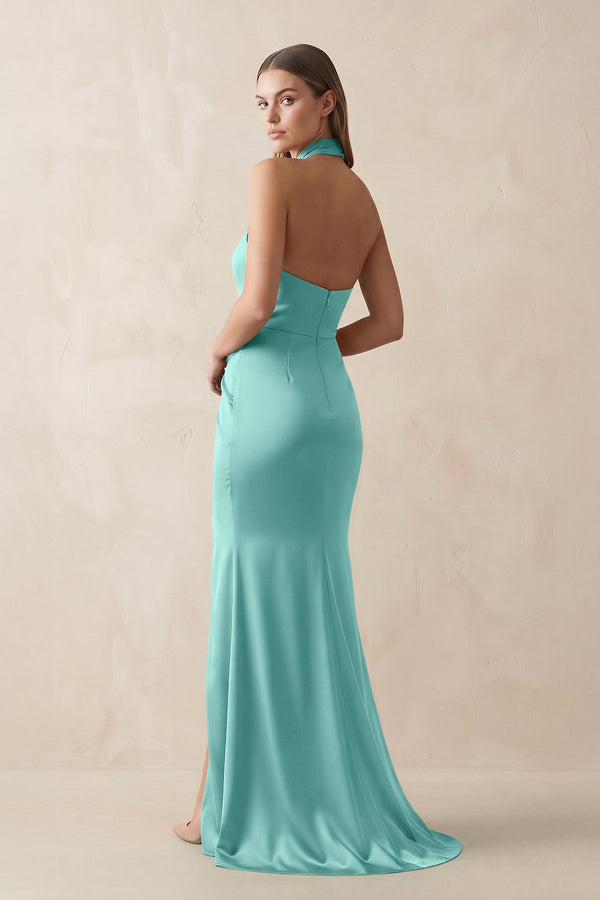 Halter Ruched Sheath Satin Bridesmaid Dress in Pale Pistachio - KissProm Bridesmaid Dresses
