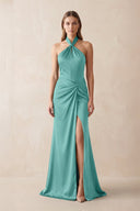 Halter Ruched Sheath Satin Bridesmaid Dress in Pale Pistachio - KissProm Bridesmaid Dresses