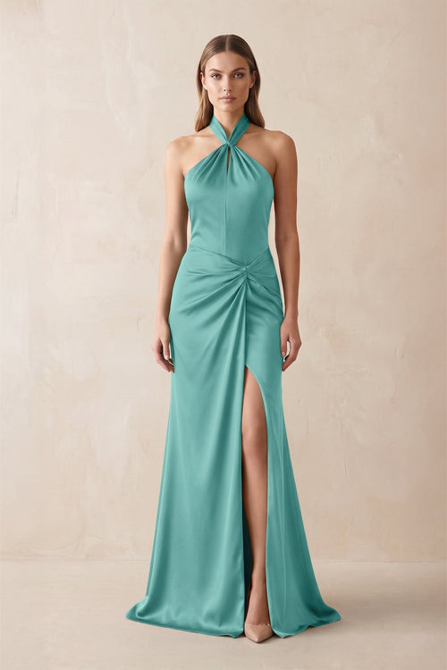 Halter Ruched Sheath Satin Bridesmaid Dress in Pale Pistachio - KissProm Bridesmaid Dresses