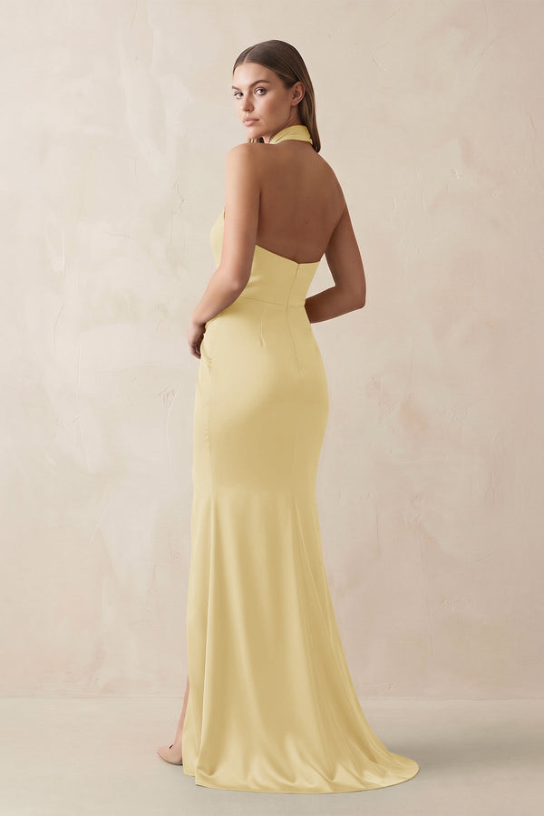Halter Ruched Sheath Satin Bridesmaid Dress in Pastel Yellow - KissProm Bridesmaid Dresses
