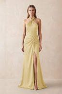 Halter Ruched Sheath Satin Bridesmaid Dress in Pastel Yellow - KissProm Bridesmaid Dresses