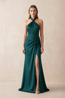 Halter Ruched Sheath Satin Bridesmaid Dress in Pine - KissProm Bridesmaid Dresses