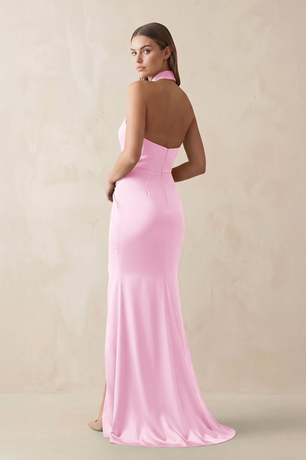 Halter Ruched Sheath Satin Bridesmaid Dress in Pink - KissProm Bridesmaid Dresses