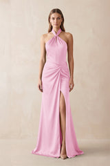 Halter Ruched Sheath Satin Bridesmaid Dress in Pink - KissProm Bridesmaid Dresses