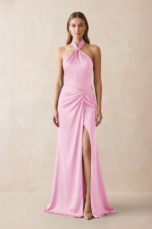 Halter Ruched Sheath Satin Bridesmaid Dress in Pink - KissProm Bridesmaid Dresses