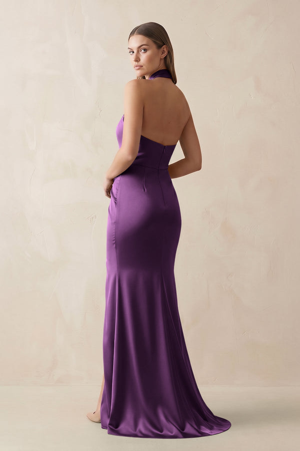 Halter Ruched Sheath Satin Bridesmaid Dress in Plum - KissProm Bridesmaid Dresses