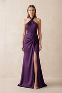 Halter Ruched Sheath Satin Bridesmaid Dress in Plum - KissProm Bridesmaid Dresses