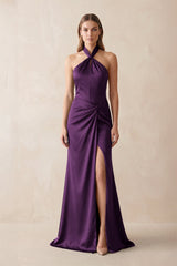 Halter Ruched Sheath Satin Bridesmaid Dress in Plum - KissProm Bridesmaid Dresses