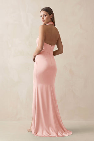 Halter Ruched Sheath Satin Bridesmaid Dress in Rose Petal - KissProm Bridesmaid Dresses