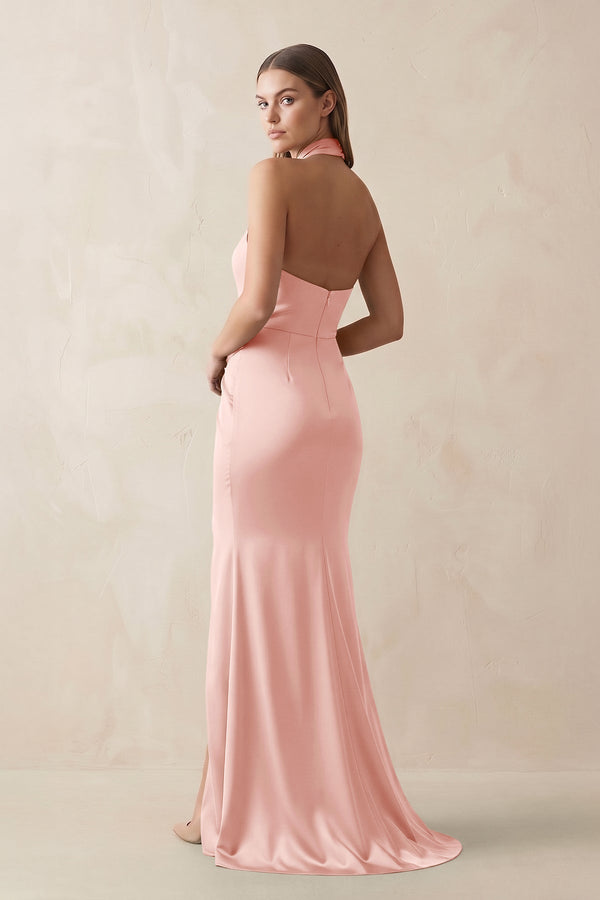 Halter Ruched Sheath Satin Bridesmaid Dress in Rose Petal - KissProm Bridesmaid Dresses