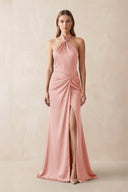 Halter Ruched Sheath Satin Bridesmaid Dress in Rose Petal - KissProm Bridesmaid Dresses