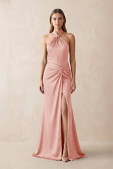 Halter Ruched Sheath Satin Bridesmaid Dress in Rose Petal - KissProm Bridesmaid Dresses